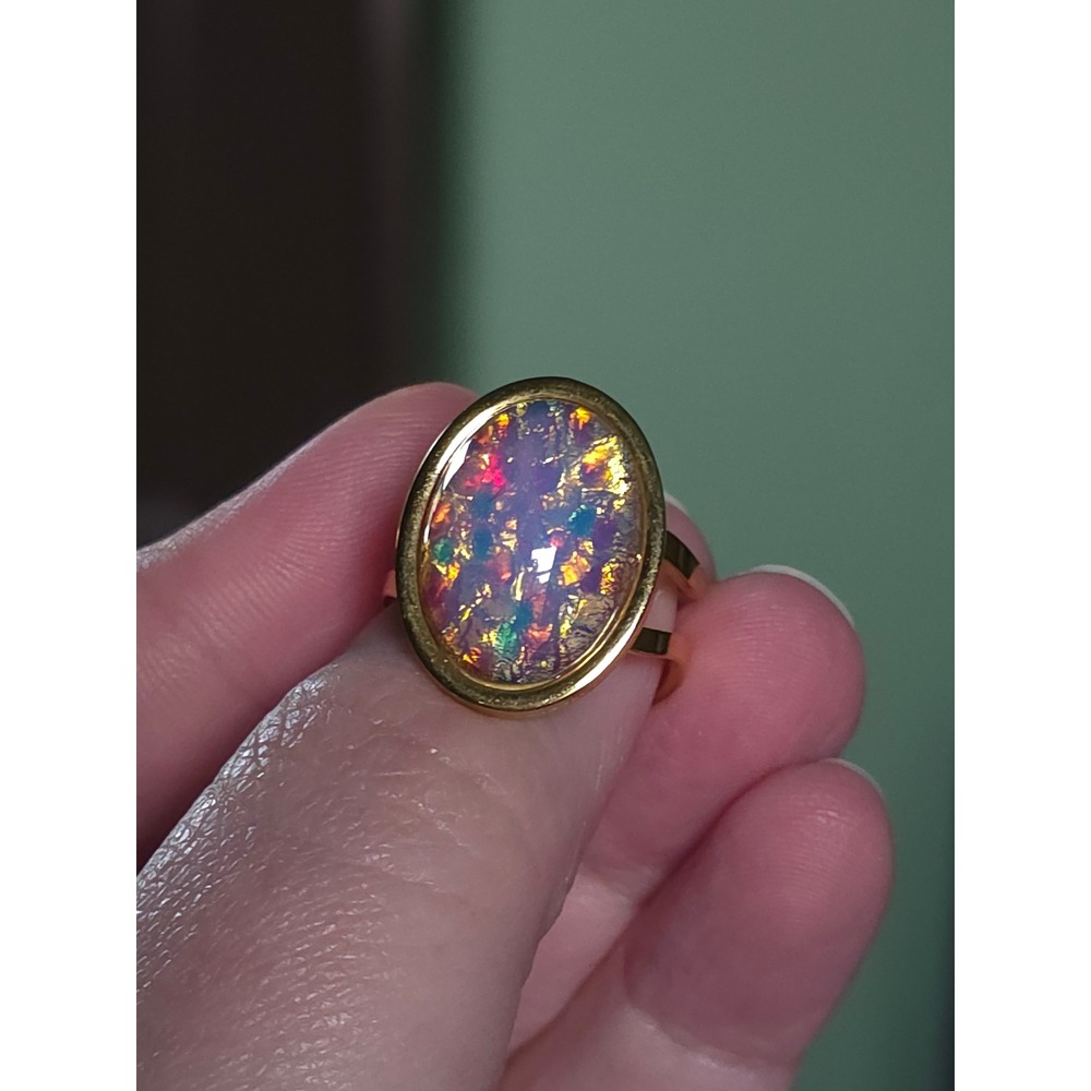 Vintage Gold Tone Faux Opal Adjustable Ring Oval Cabochon Multi Color Fire 7.25 - Picture 7 of 8
